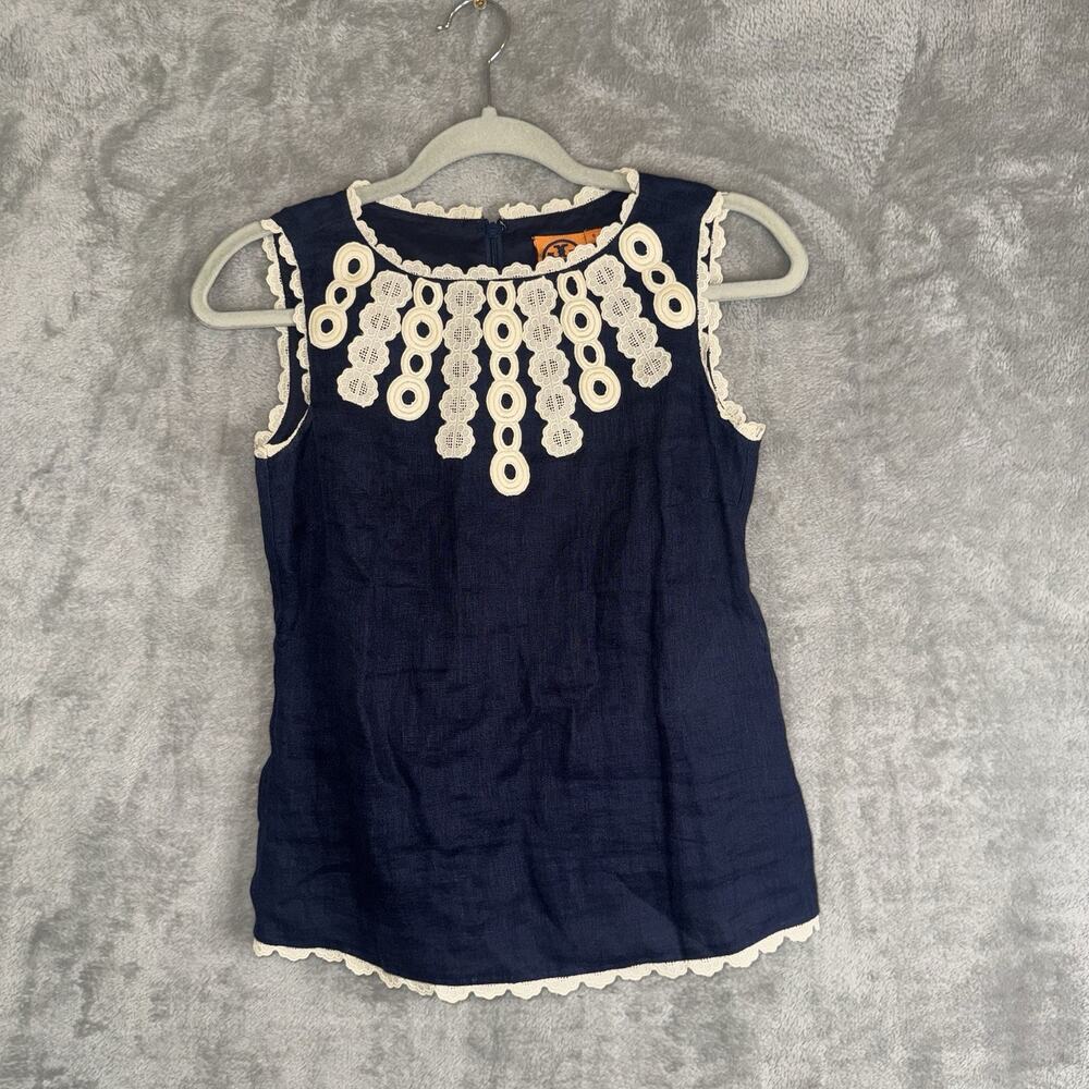 Tory Burch Embroidered Linen Sleeveless Top Size 0 Quiet Luxury Preppy Classy